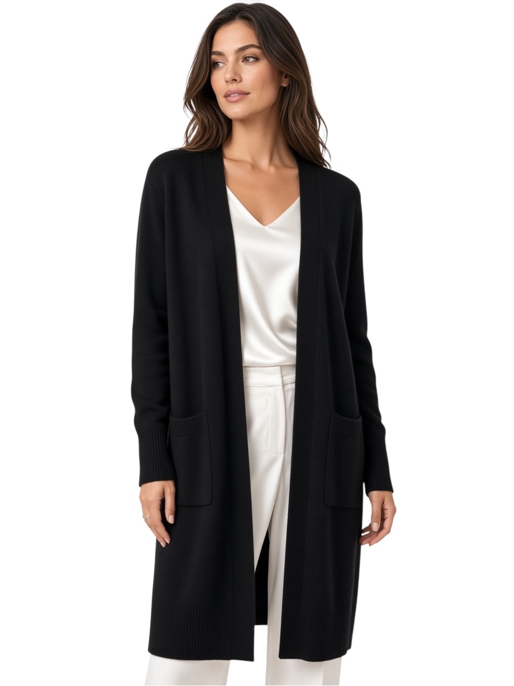 Chico’s Long Open-Front Black Women's 100% Cashmere Cardigan Sweater